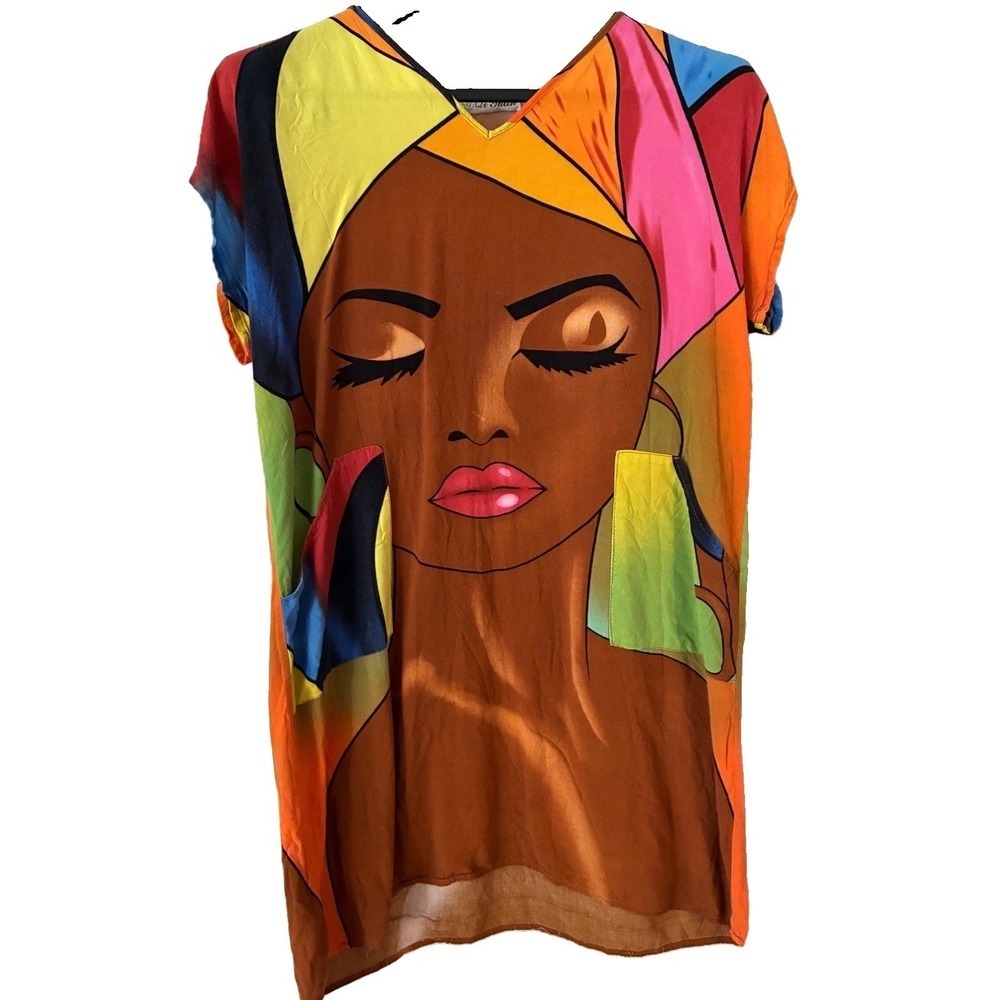 Qi Yuan Graphic Tee Womens L Afrocentric Portrait V-Neck Tunic Festival